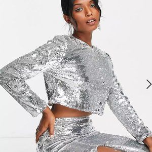 Long Sleeve Silver Sequin Crop Top